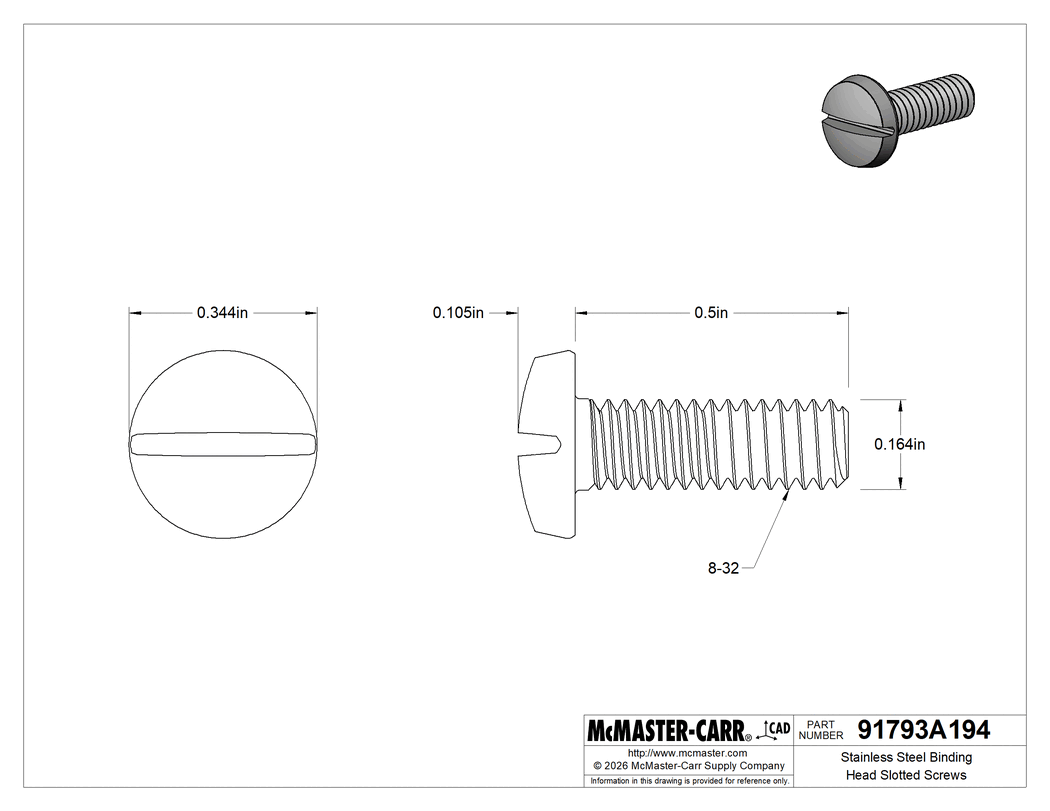 Technical Drawing of Stainless Steel Binding Head Slotted Screws, 8-32 Thread, 1/2" Long.